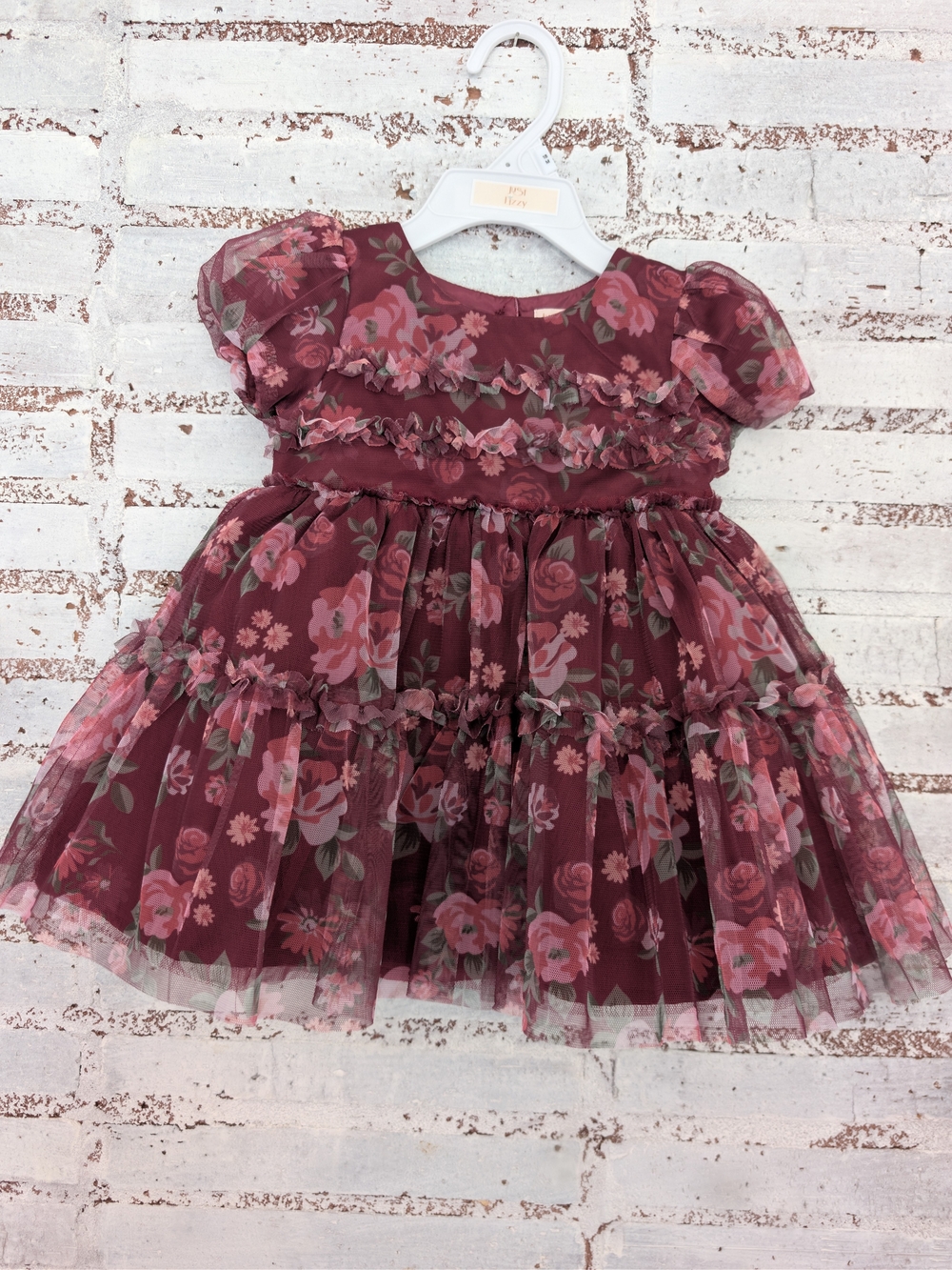 Beautiful Girls' Burgundy Floral Layered Tulle Dress